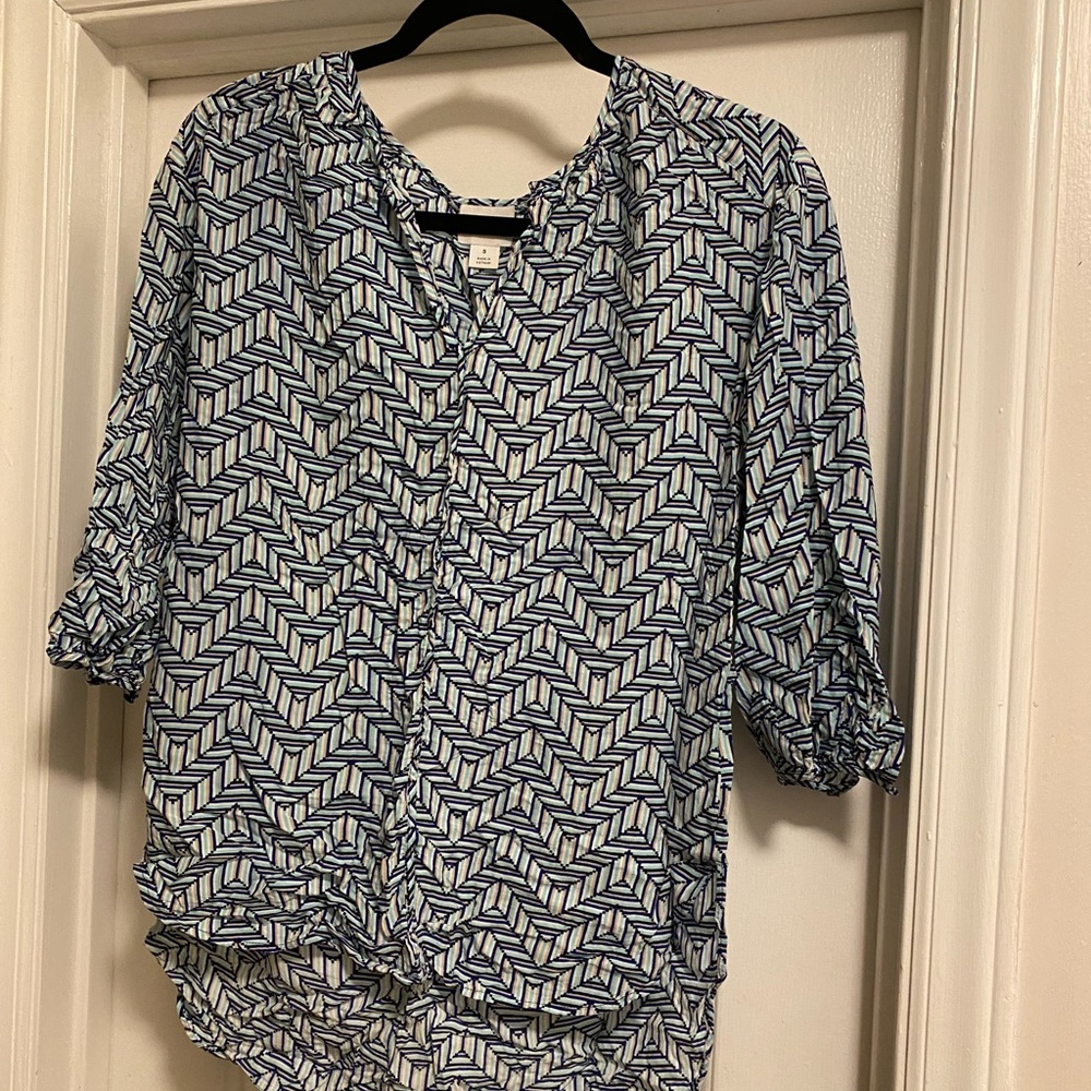Blue, light blue, tan & white blouse